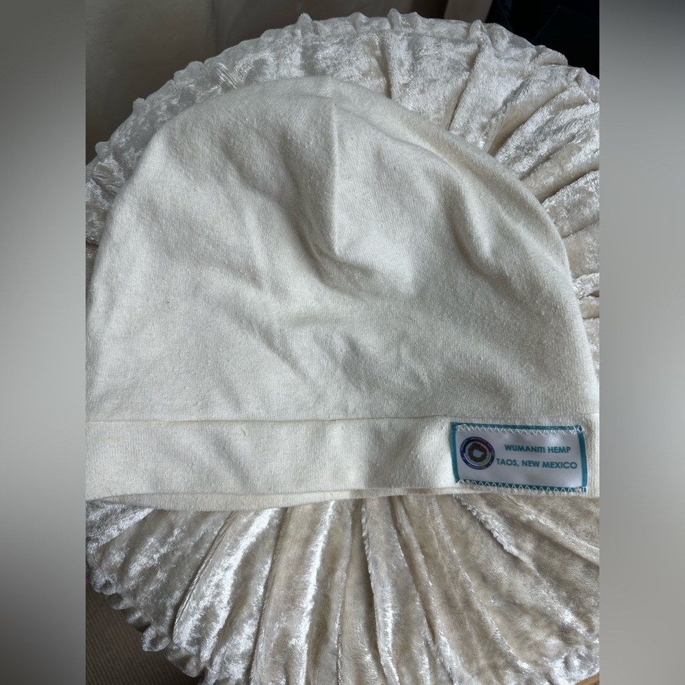 White 100% hemp Beanie with label